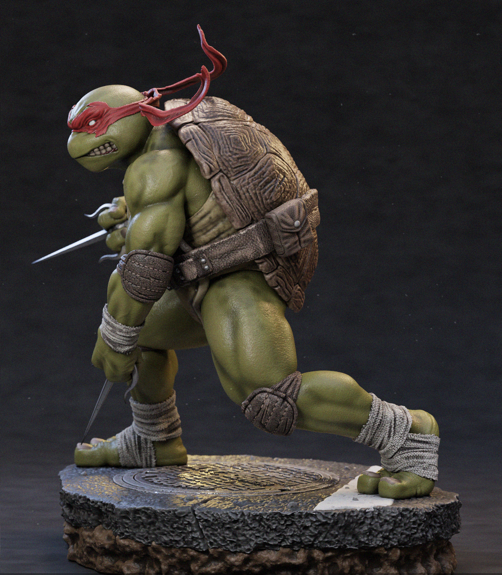 A highly detailed collectible statue of a green-skinned turtle character in a dynamic combat pose, holding dual blades, set against a dark studio background.