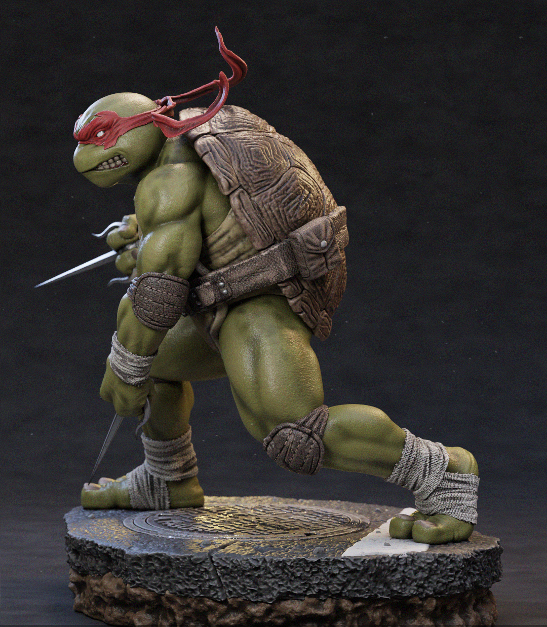 A highly detailed collectible statue of a green-skinned turtle character in a dynamic combat pose, holding dual blades, set against a dark studio background.