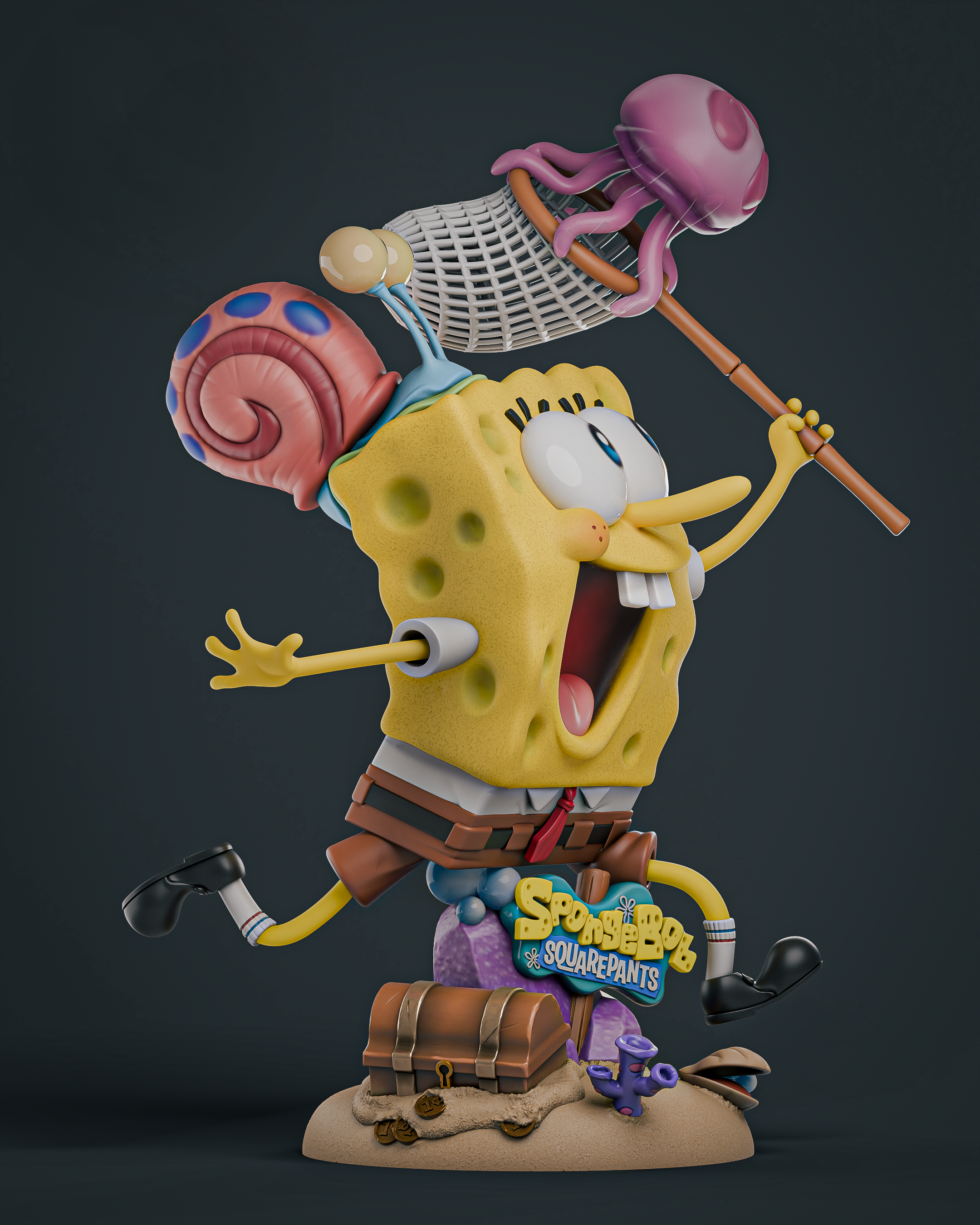 A 3D-rendered collectible figurine of SpongeBob SquarePants running forward with a net on his shoulder, snail shell on his back, and treasure chest at his feet, set against a dark gray background.