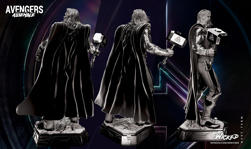 Three superhero statues from 'Avengers Assemble' on a dark background with 'WizKids' branding.