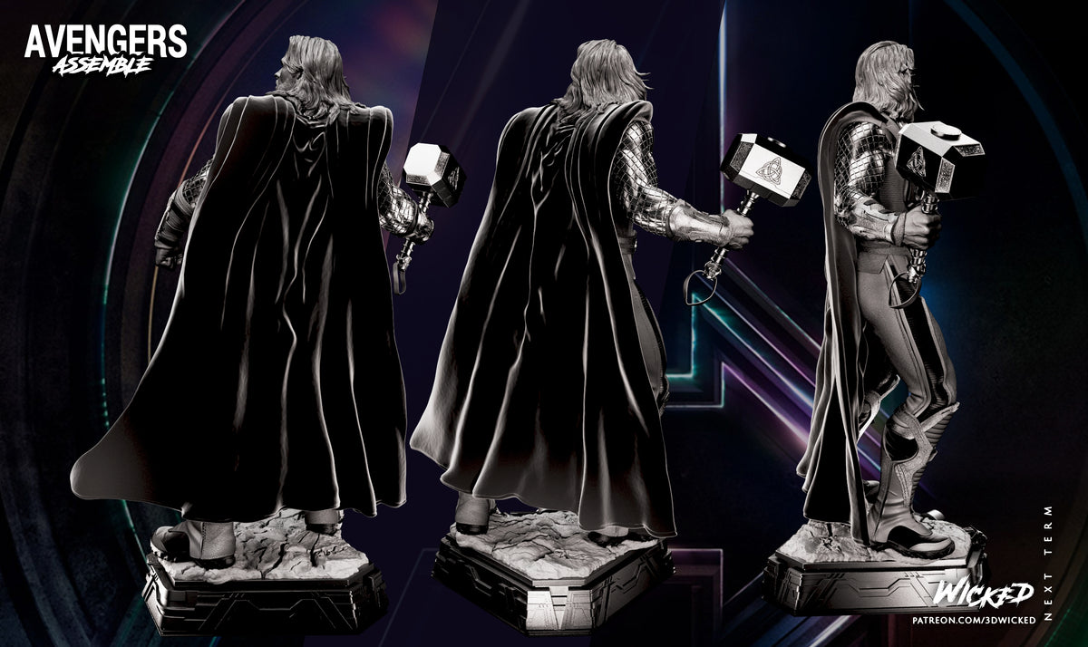 Three superhero statues from 'Avengers Assemble' on a dark background with 'WizKids' branding.