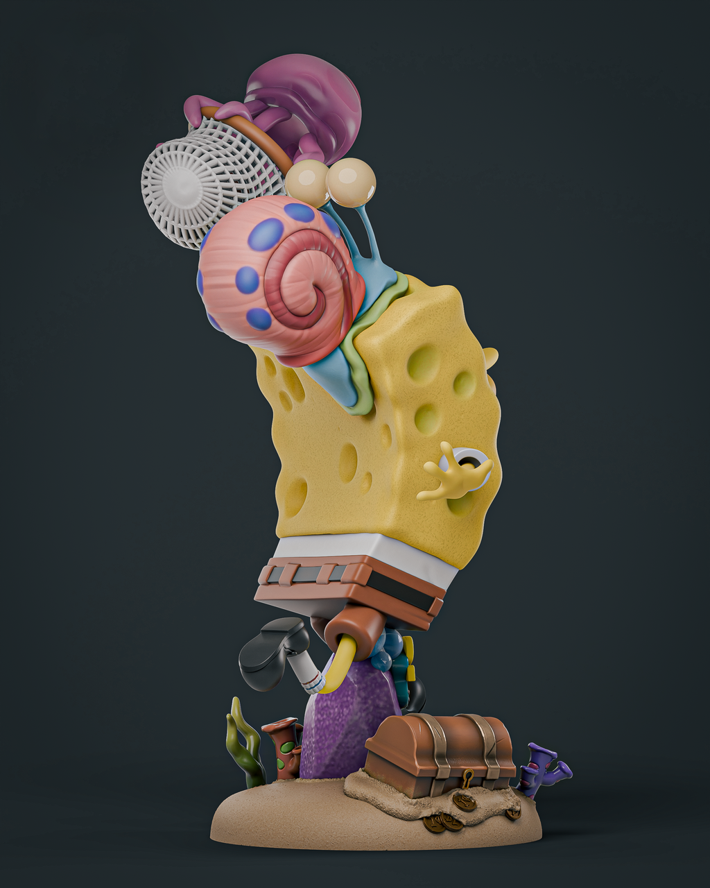 A stylized collectible sculpture of SpongeBob SquarePants with a pink snail shell on his head, wearing a purple top hat and brown pants, standing on a sandy base with a small treasure chest in front, photographed against a dark charcoal studio background.