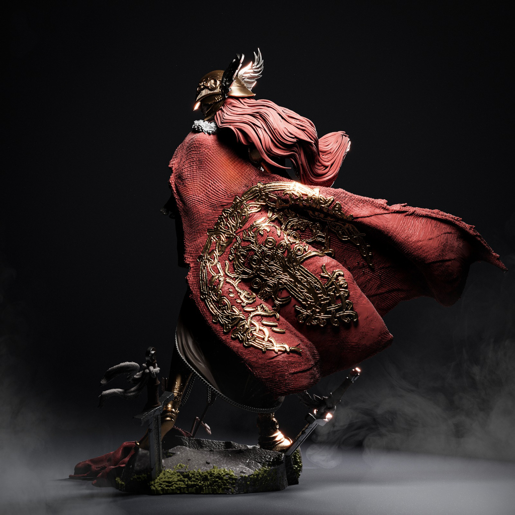 Statue of a warrior in red armor with gold embellishments on a dark background