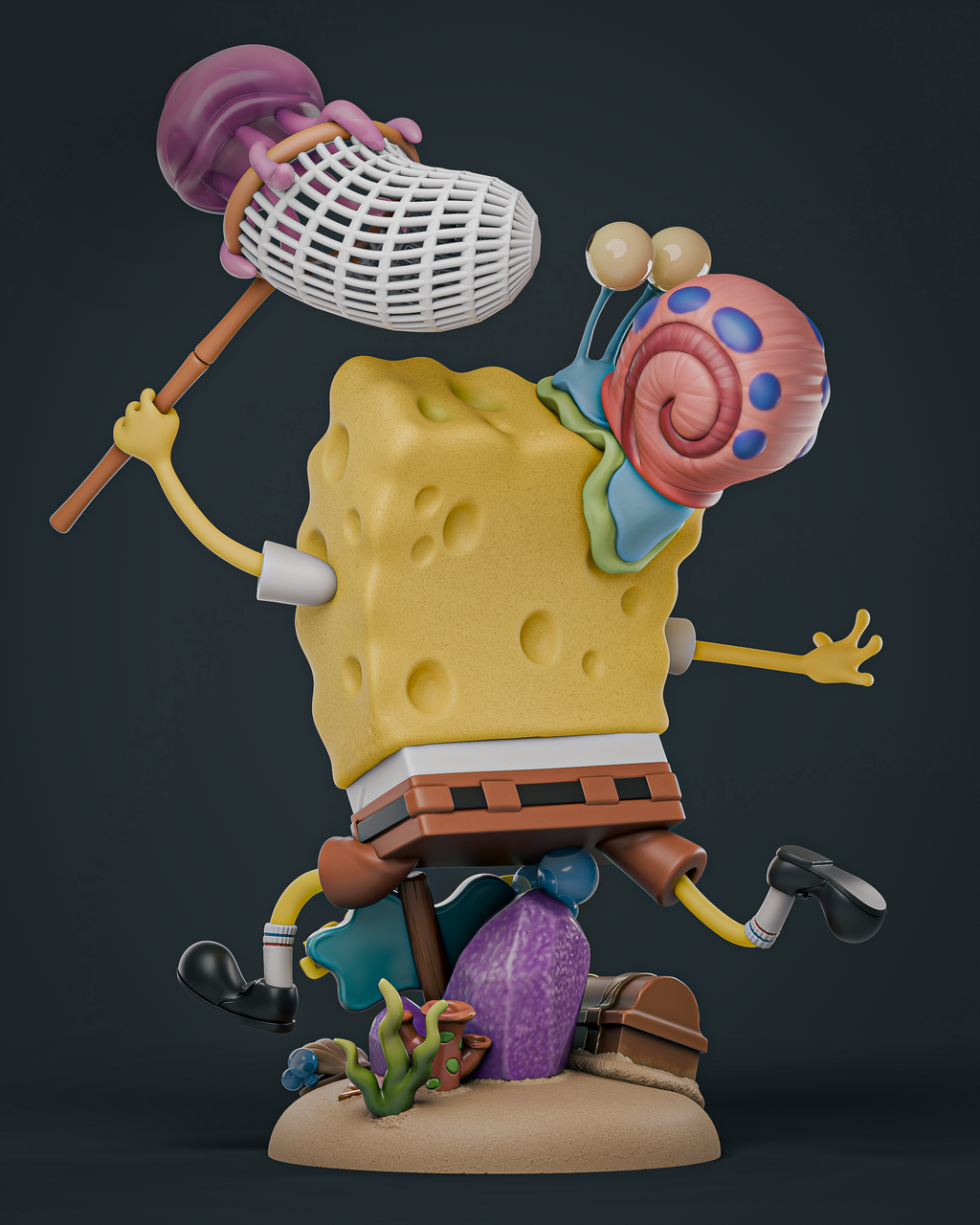 A stylized collectible figurine of SpongeBob SquarePants running while holding a purple and white net, with his snail shell on his head and accessories on a dark studio background.