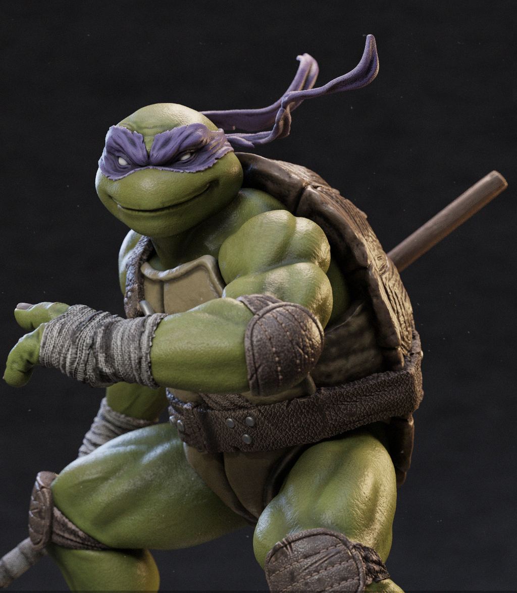 A detailed collectible action figure of a green turtle character wearing a purple mask and brown armor, posed dynamically against a dark studio background.