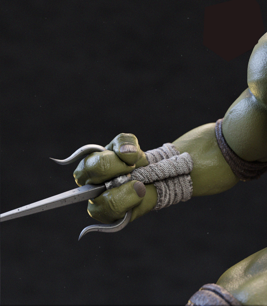 Close-up of an articulated green-skinned character arm holding a curved silver blade, with textured gray fabric wraps on the wrist and forearm against a dark background.