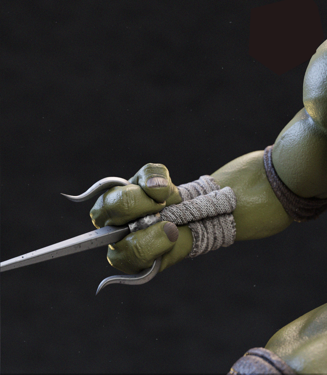 Close-up of an articulated green-skinned character arm holding a curved silver blade, with textured gray fabric wraps on the wrist and forearm against a dark background.