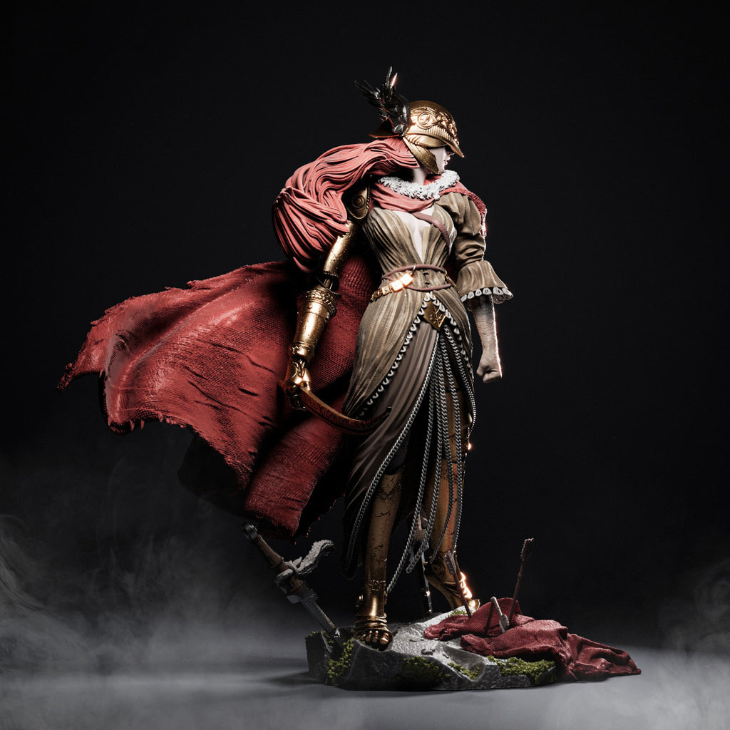 Statue of a warrior with a red cape and armor on a dark background