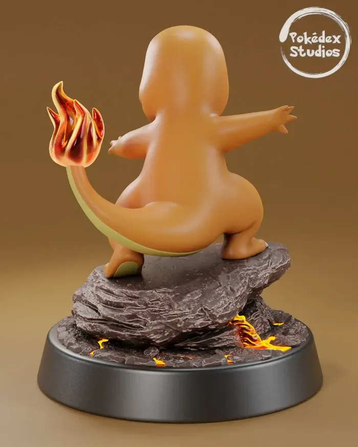 Statue of a creature with flames on a brown background, featuring 'Pokédex Studios' logo.