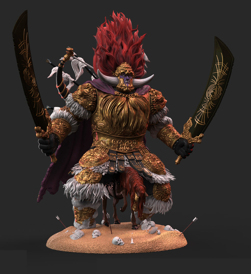 Fantasy warrior figurine with red hair and armor on a dark background
