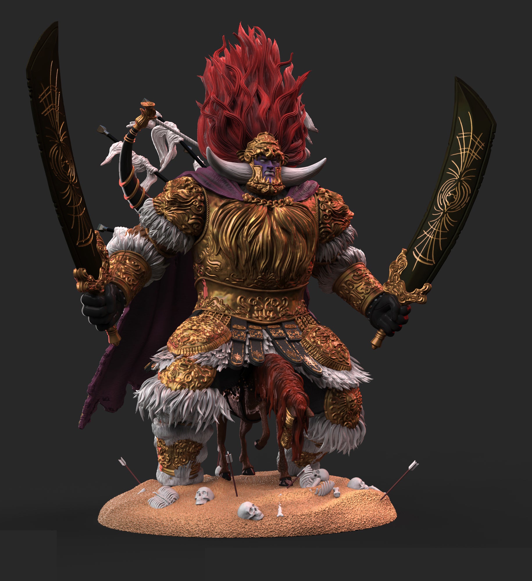 Fantasy warrior figurine with red hair and armor on a dark background