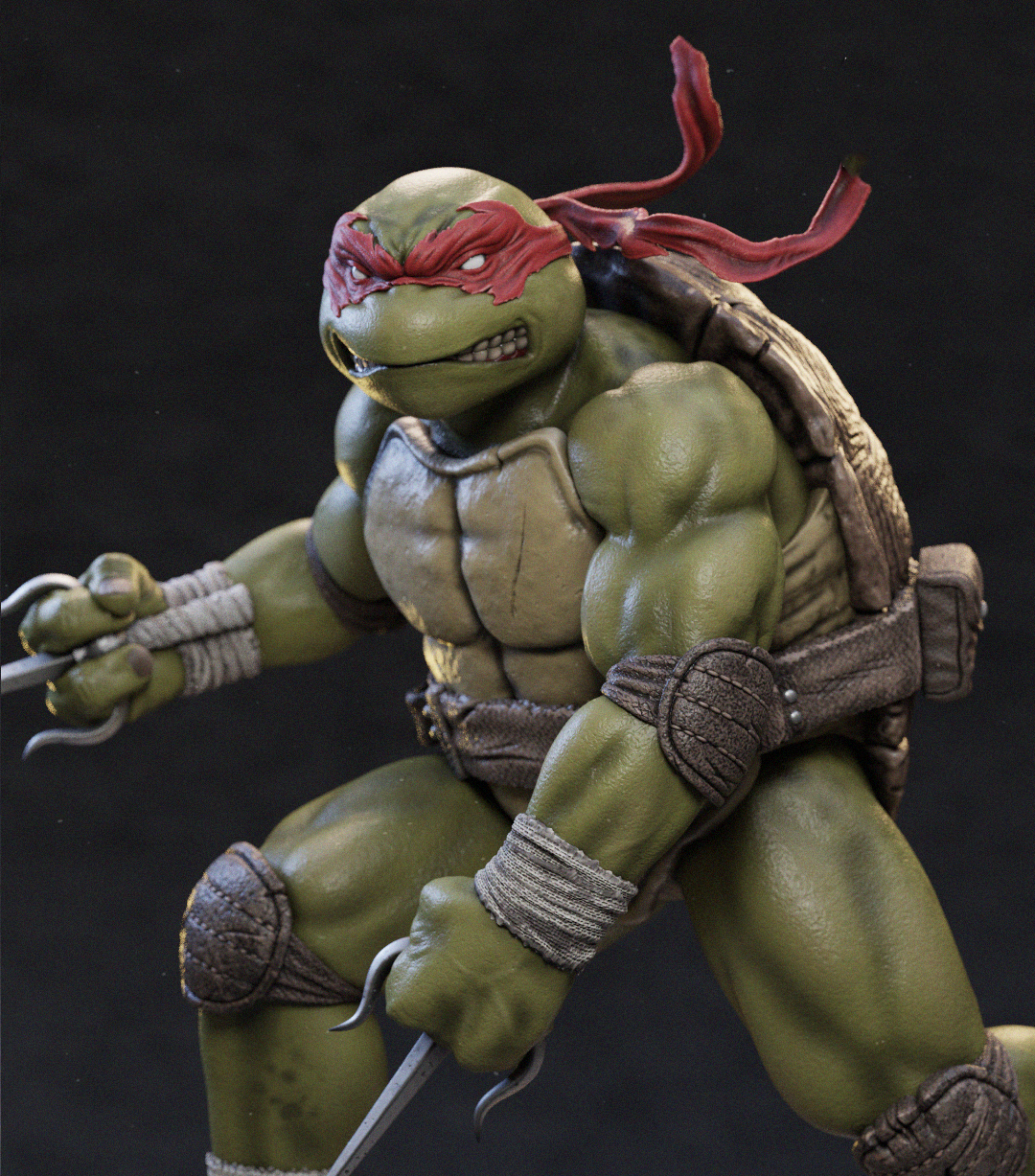 A highly detailed collectible action figure of a green-skinned turtle warrior in a dynamic crouching pose, holding silver sai weapons, set against a solid black background.