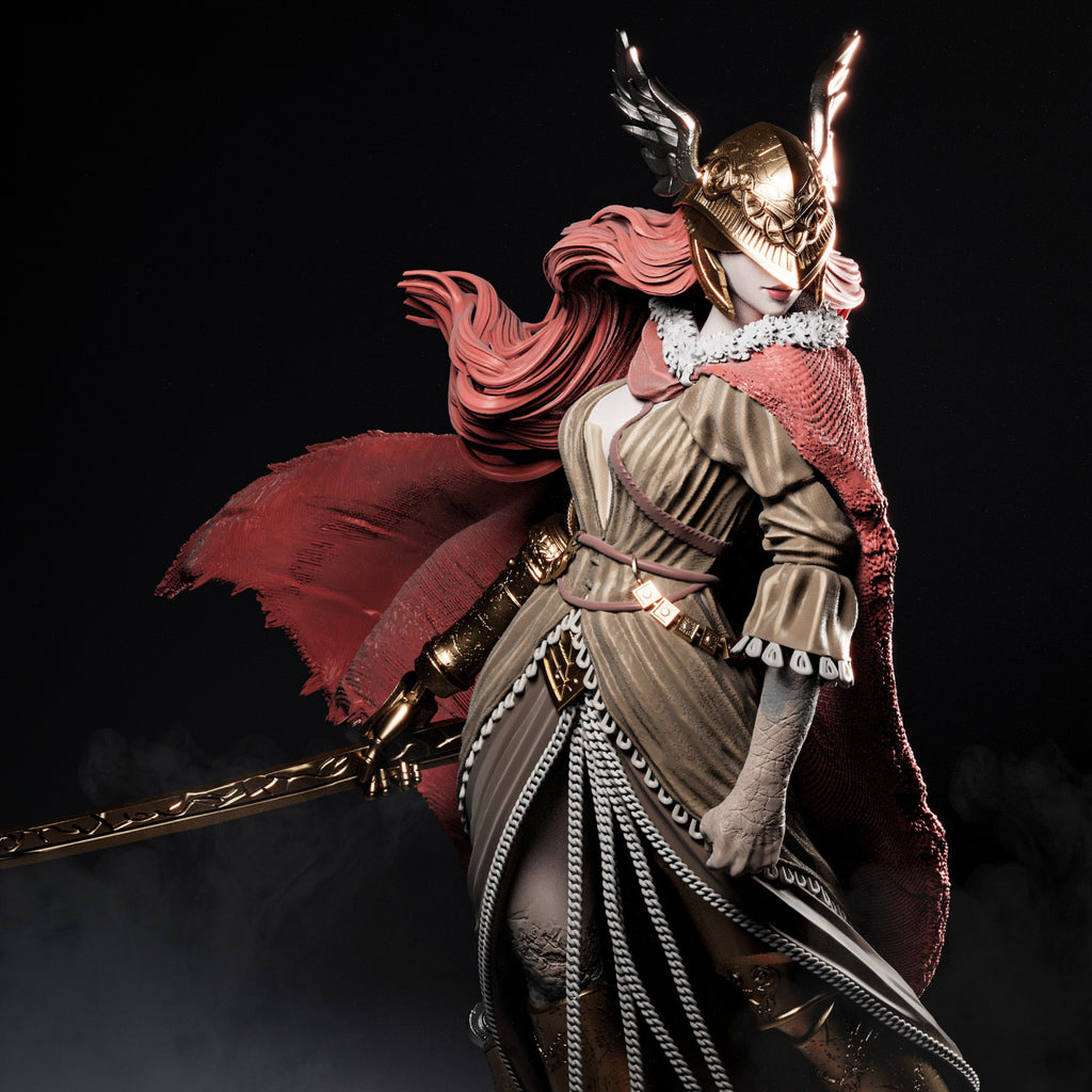 Statue of a warrior with red cape and helmet against a dark background