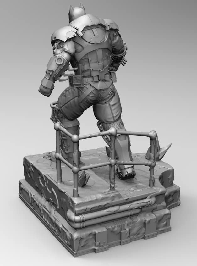 A grayscale 3D render of a Batman figurine or collectible statue standing on a detailed industrial platform with a railing, shown against a plain light gray background.