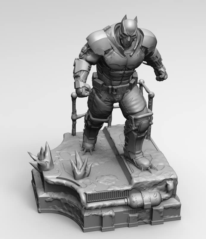 A grayscale 3D render of a muscular armored character standing on a rocky base, likely a tabletop miniature or collectible figure. No person, animal, or real environment is present, so this fits Product/Packaging rather than Lifestyle.