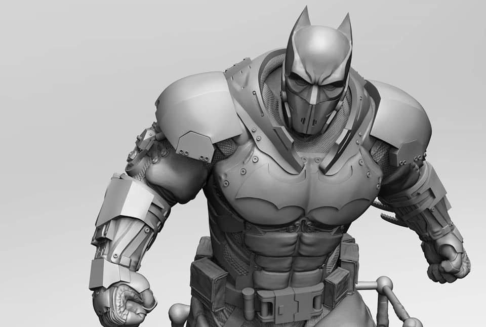 A grayscale 3D render of a muscular armored superhero character, resembling Batman, shown from the waist up against a plain light gray background.
