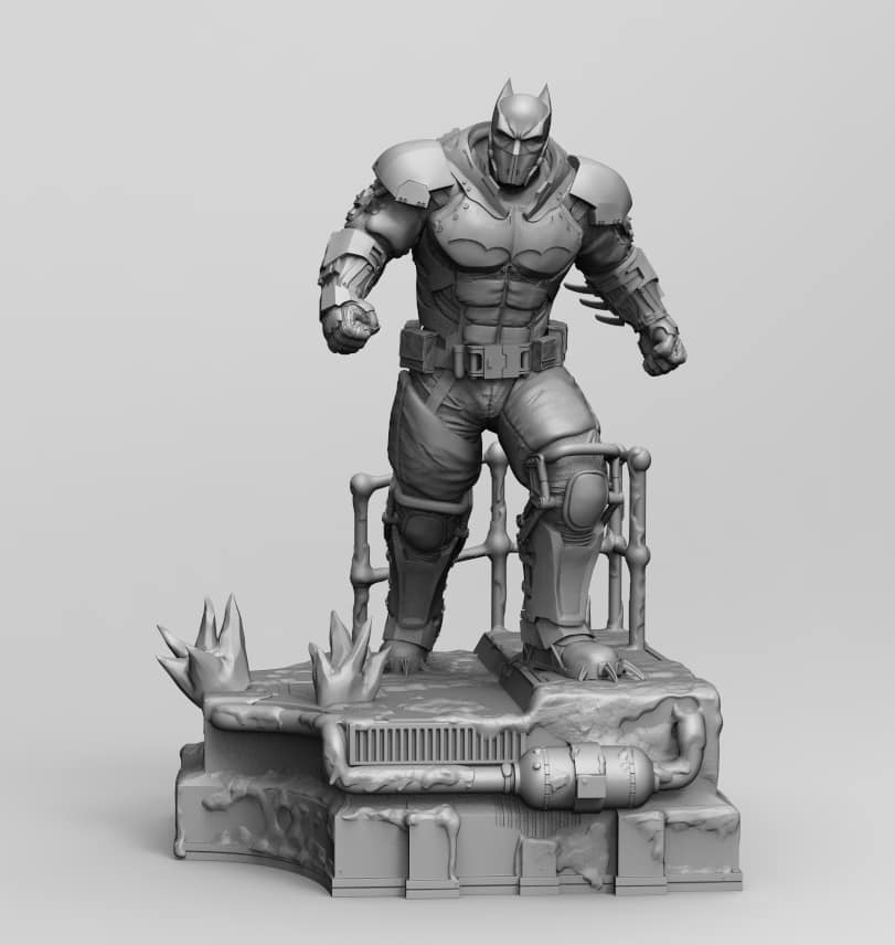 A monochrome gray 3D-rendered statue of Batman standing on a detailed industrial platform base against a light gray background.