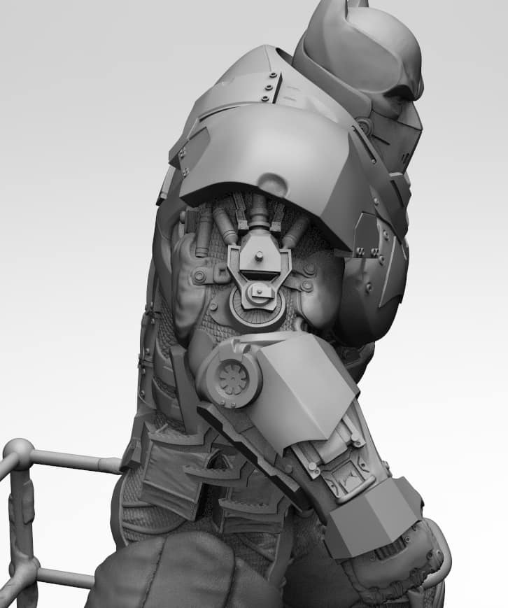 A grayscale 3D render of a highly detailed sci-fi armored character, resembling Batman in a futuristic power armor suit, shown from a three-quarters angle against a light gray background.