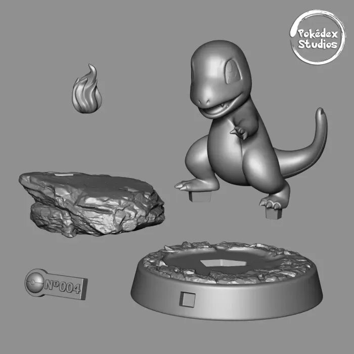 Pokémon Charmander model with rock and fire element on a gray background, featuring Pokédex Studios logo.