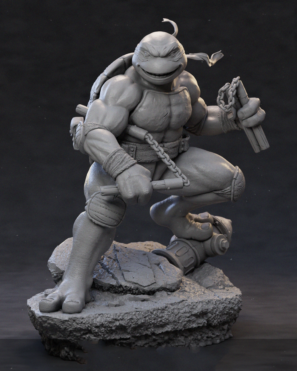 A monochrome 3D-rendered statue of a muscular cartoon turtle character in a crouching pose, holding chain-like weapons, mounted on a rocky base against a dark studio background.
