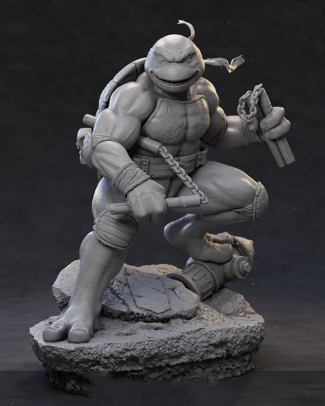 A monochrome 3D-rendered statue of a muscular cartoon turtle character in a crouching pose, holding chain-like weapons, mounted on a rocky base against a dark studio background.
