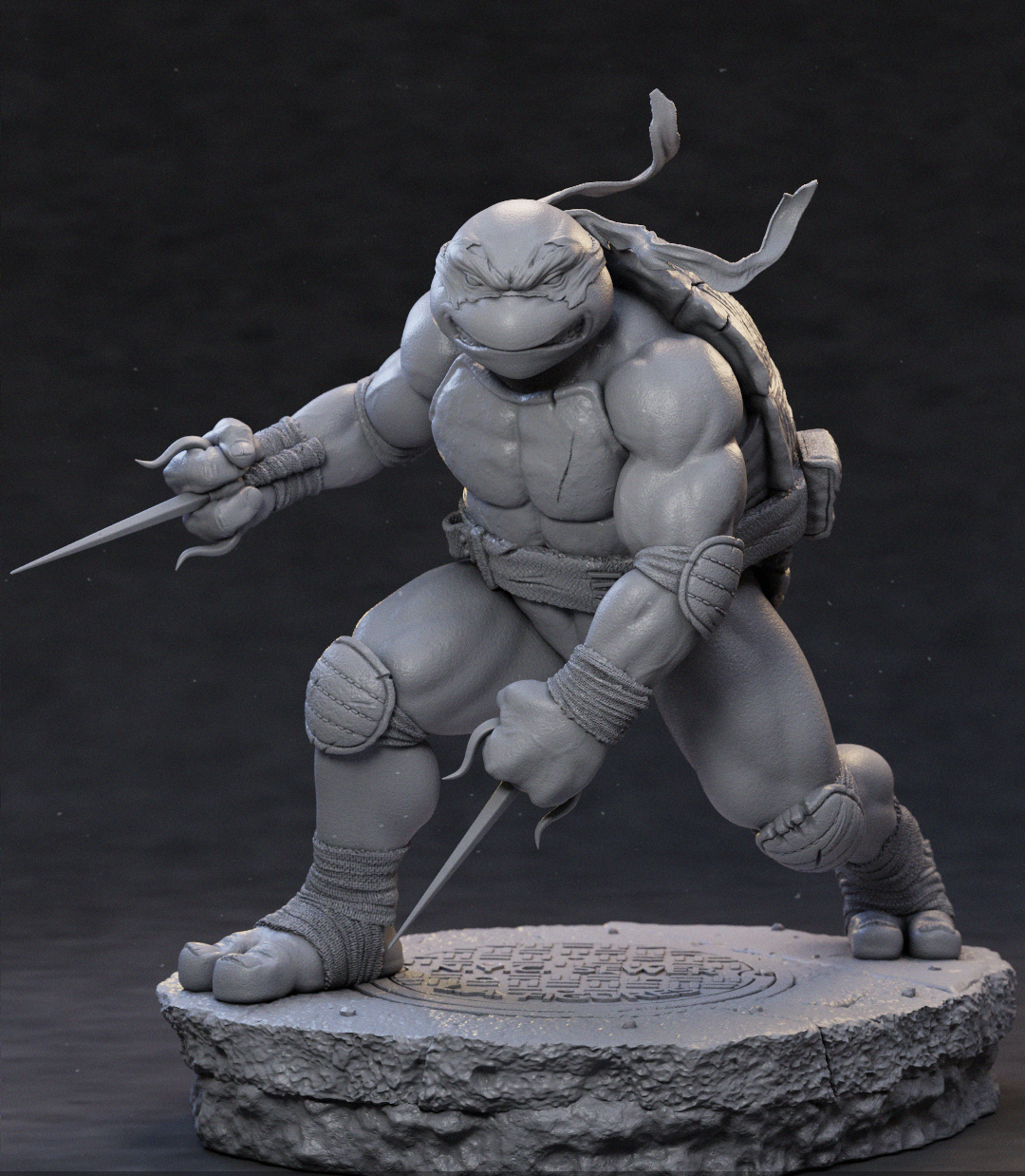 A monochrome gray 3D-printed或未上漆 collectible statue of a muscular turtle warrior in a dynamic crouching pose, holding dual blades, standing on a textured stone-like circular base against a dark studio background.