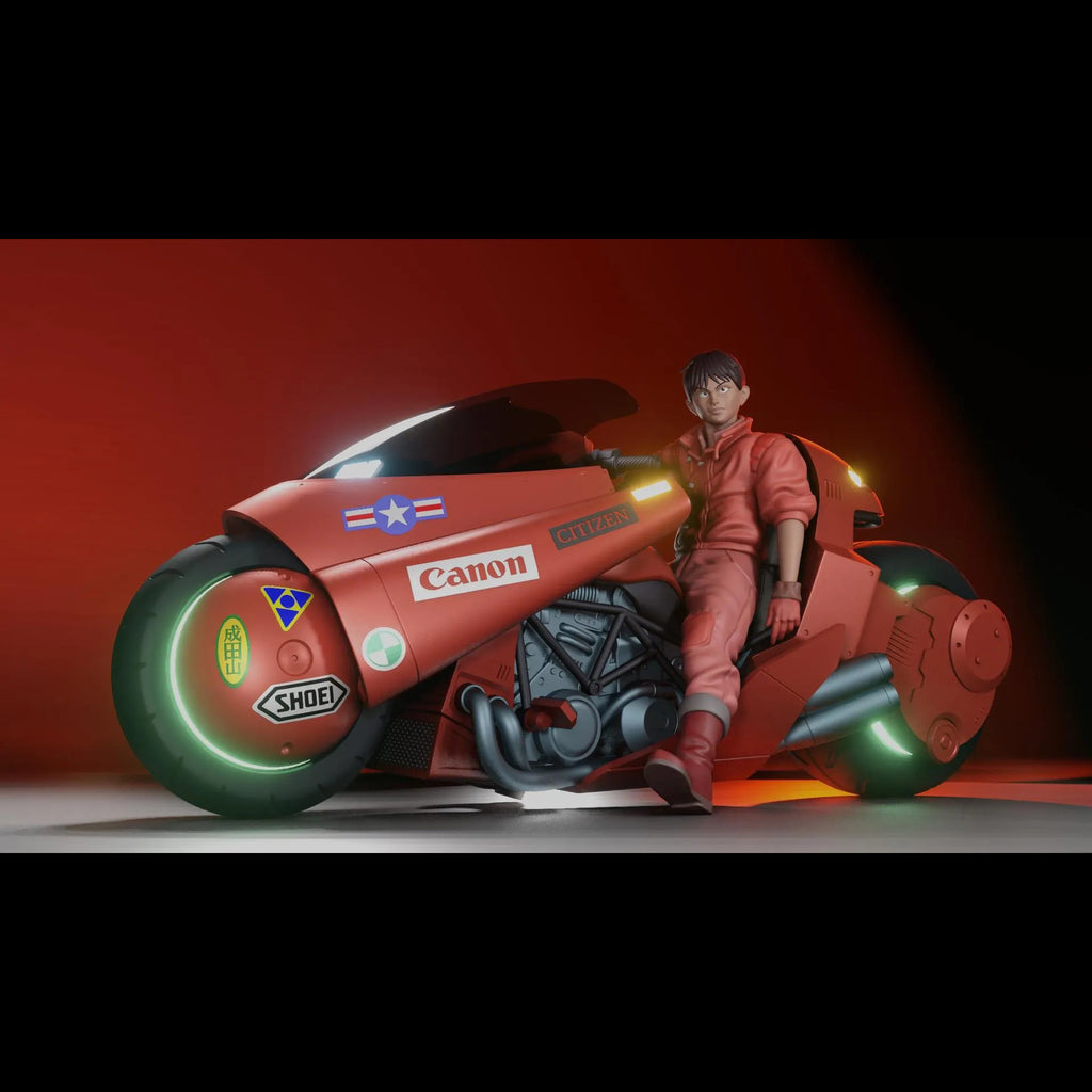 Red motorcycle with glowing wheels and a person sitting on it against a red background