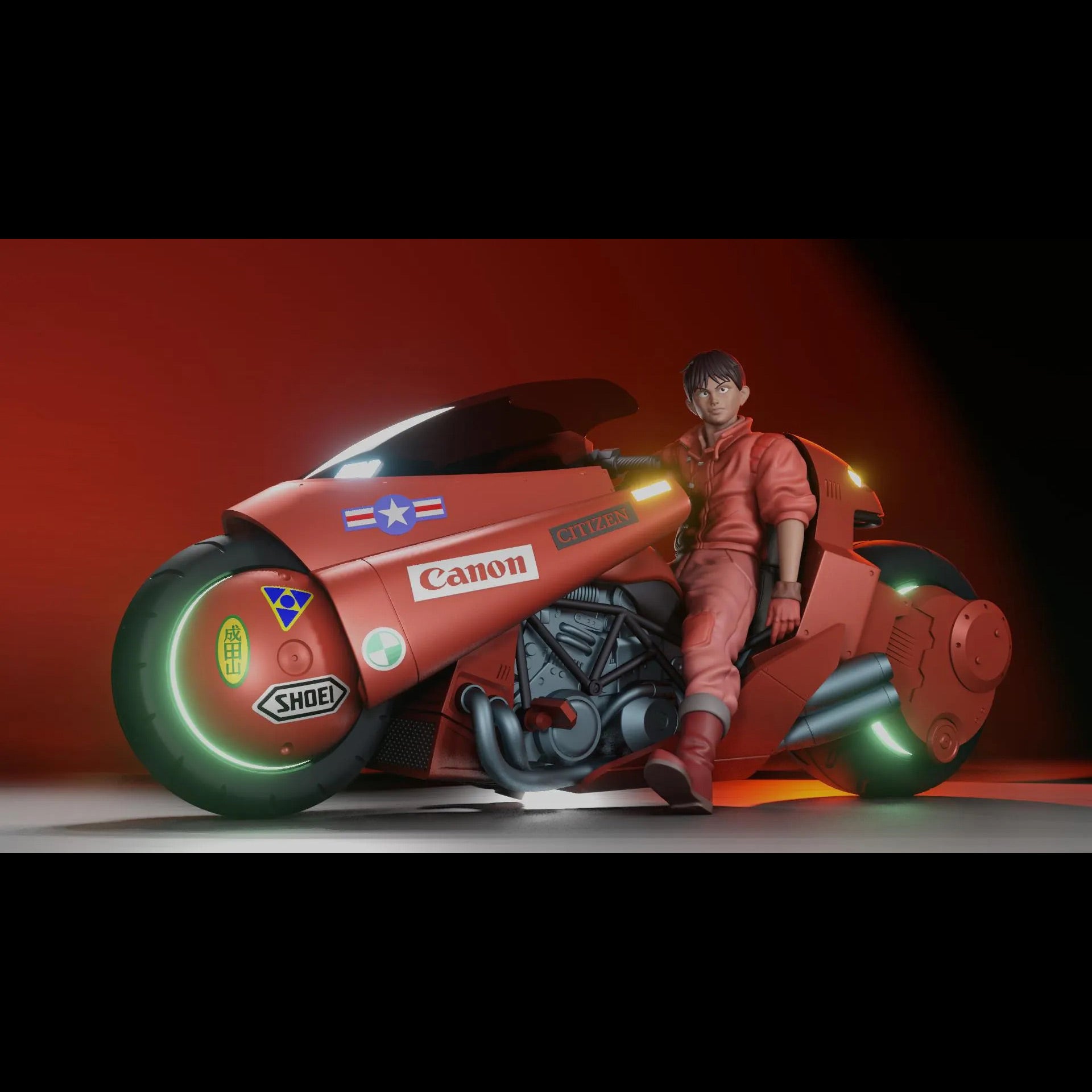 Red motorcycle with glowing wheels and a person sitting on it against a red background