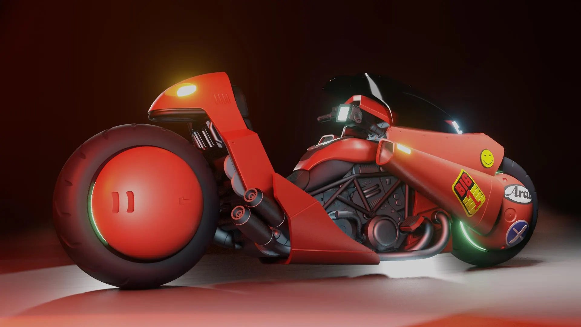 Red motorcycle with visible branding on a dark background