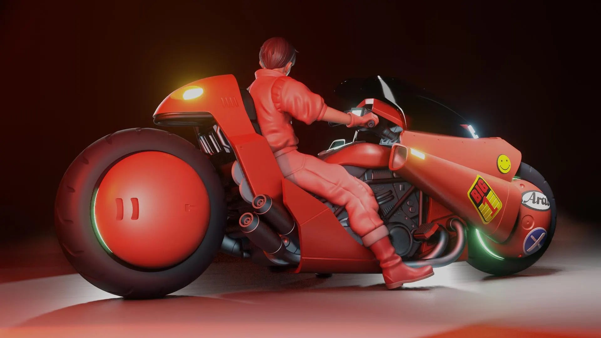 Red motorcycle with a rider figure on a dark background