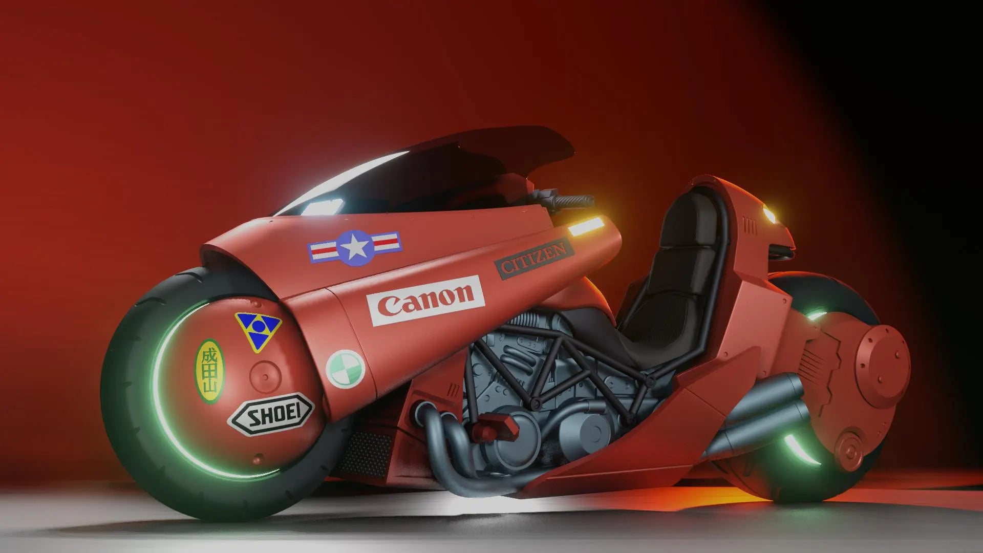 Red motorcycle model with visible branding on a dark background