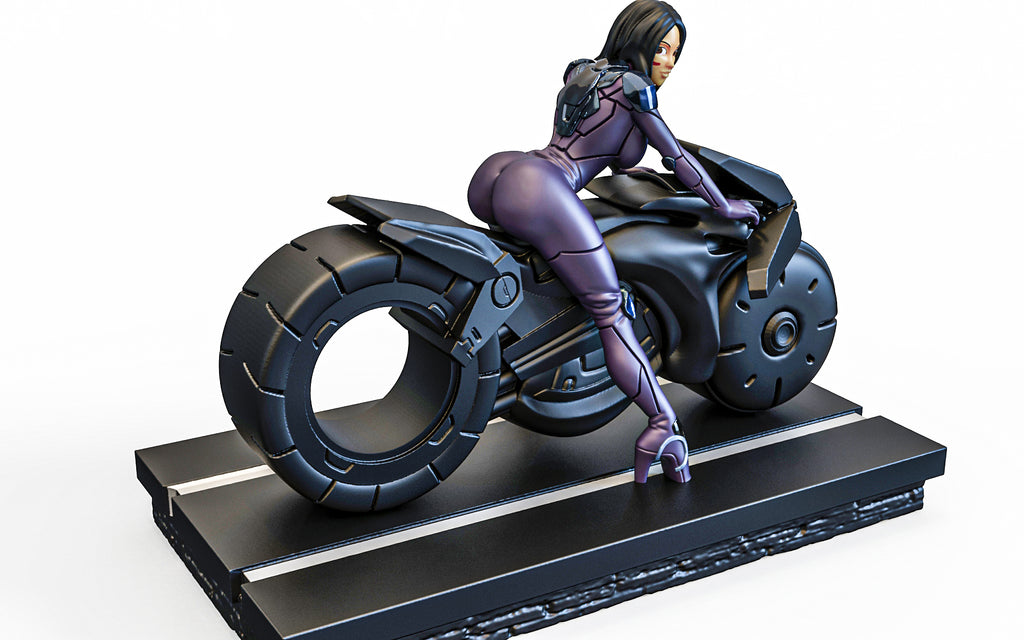 Statue of a character on a motorcycle with a white background