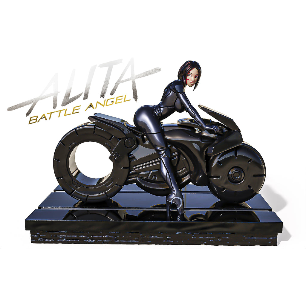 Statue of a character from 'Alita: Battle Angel' on a motorcycle with the title text above.