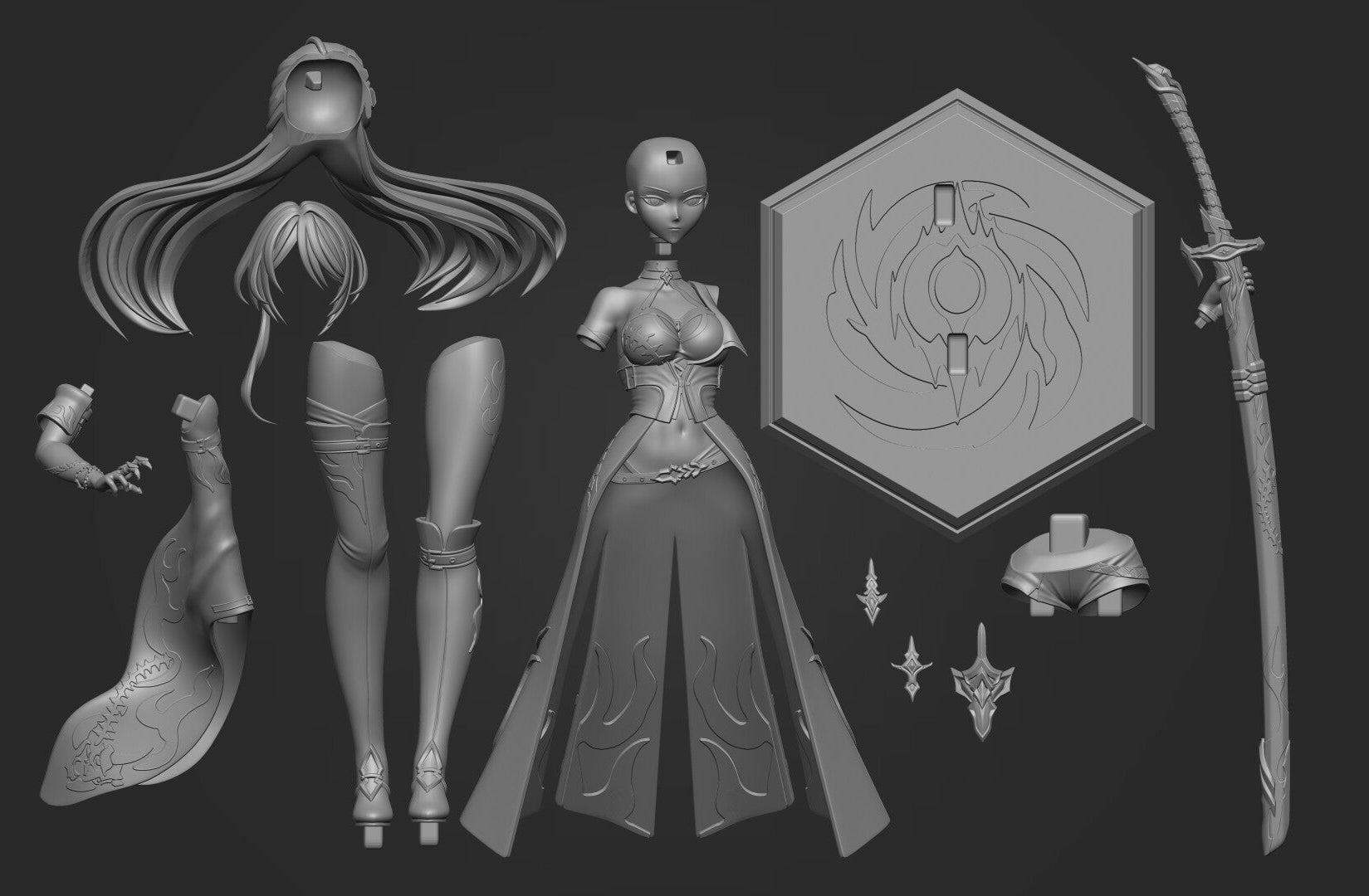 Gray-scale illustration of a character with accessories on a black background