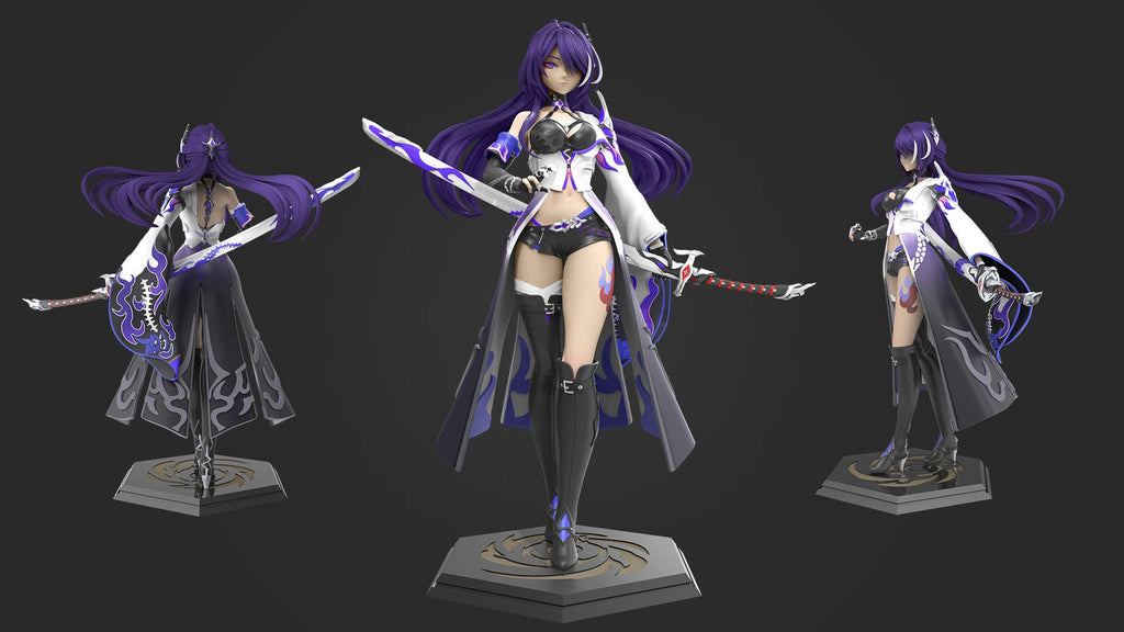 Animated character with purple hair and a sword in a dynamic pose on a dark background