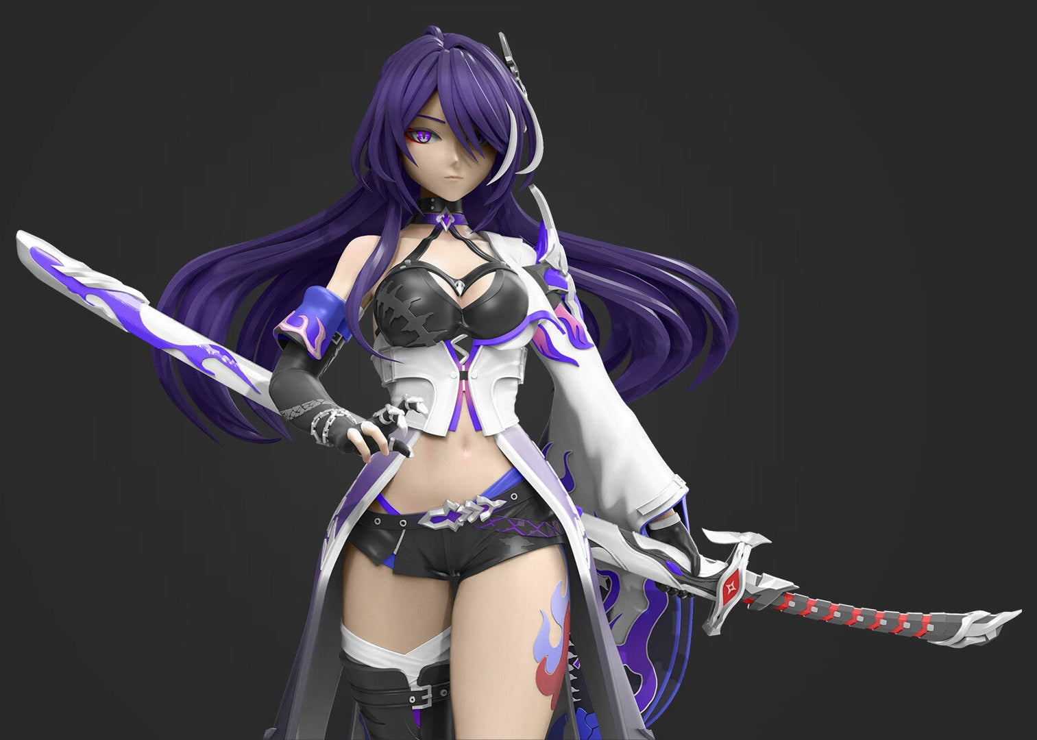 Animated character with long purple hair and a sword on a dark background