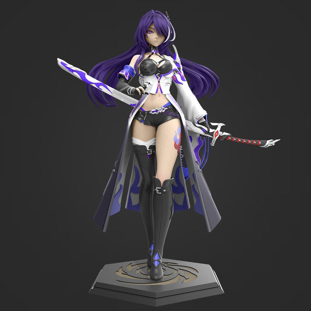 Figurine of a character with purple hair and a sword on a dark background