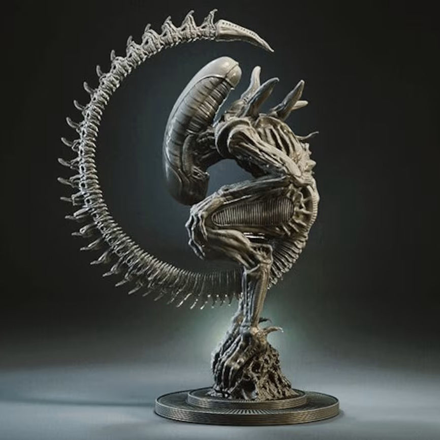A detailed 3D-rendered or sculpted Xenomorph skeleton figure posed in a curved, coiled stance on a circular base against a dark studio background.