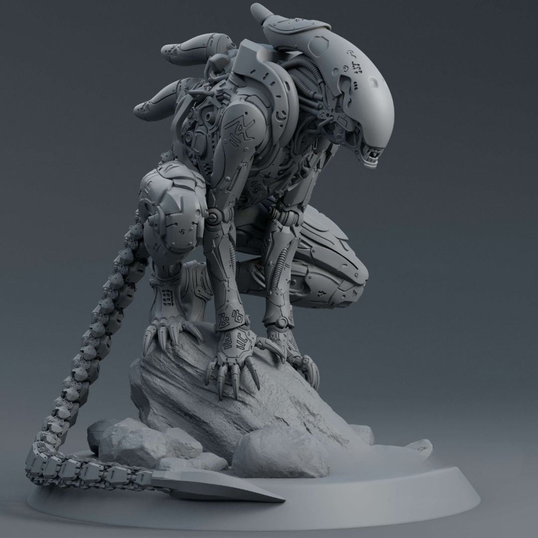Mechanical creature with a long tail on a gray background