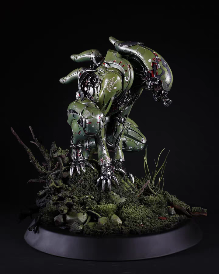 Green fantasy creature with mechanical elements on a dark background