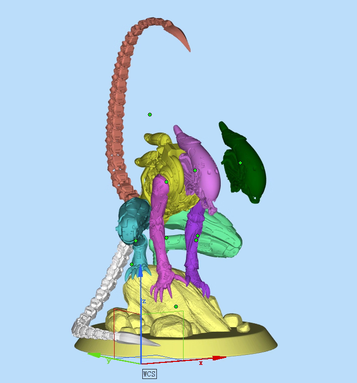 Colorful 3D model of a creature with a long tail on a light blue background