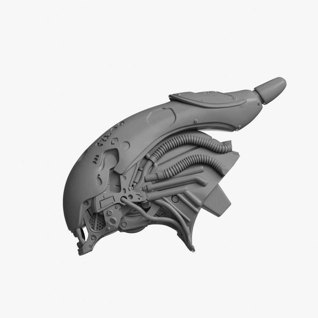 Gray alien head sculpture on a white background