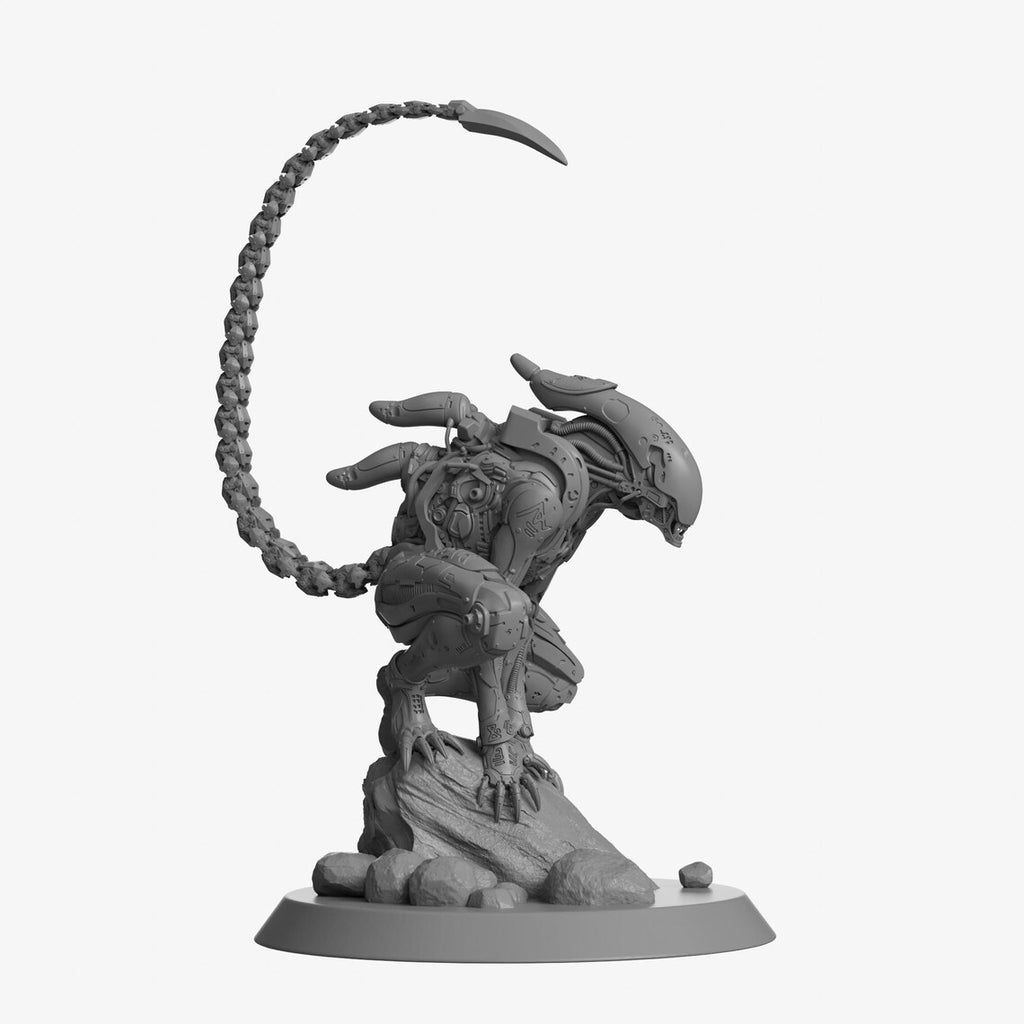 Gray fantasy figurine with a large weapon on a white background