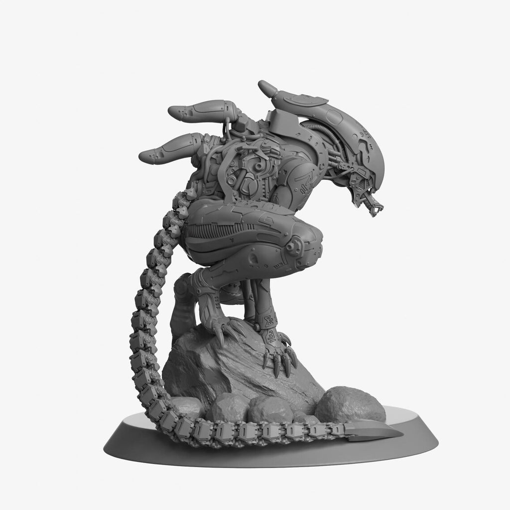 Gray alien-like creature figurine with a long tail on a white background