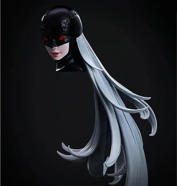 Person wearing a black mask and long white wig on a dark background