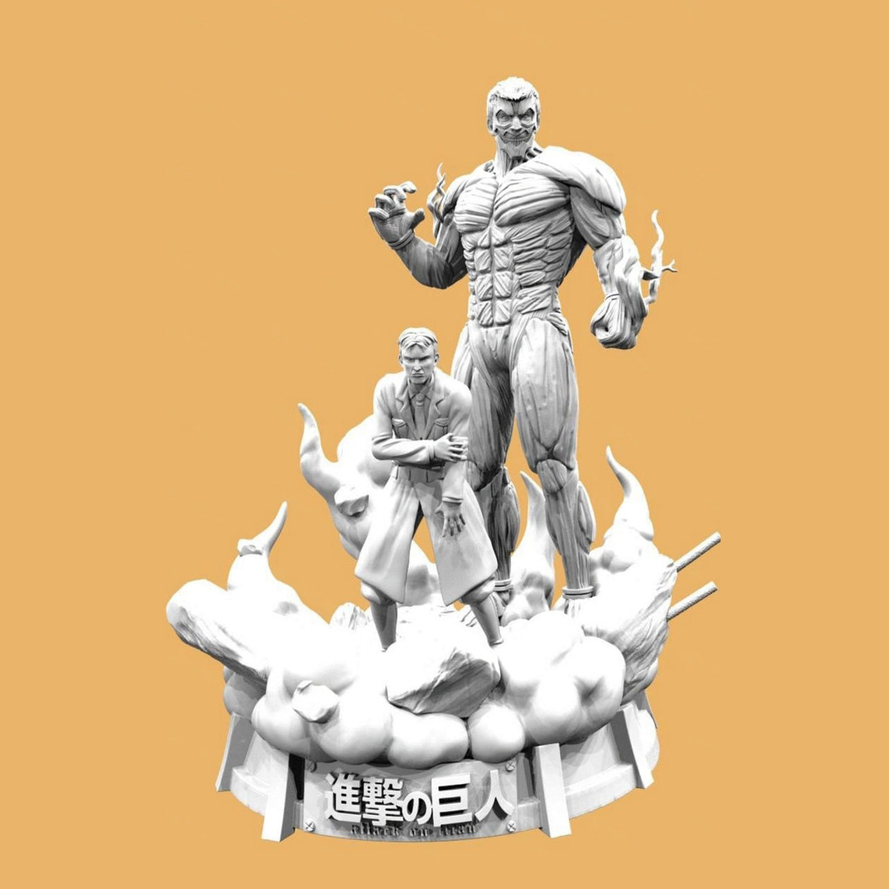 Statue of a muscular figure with smaller figures on a yellow background