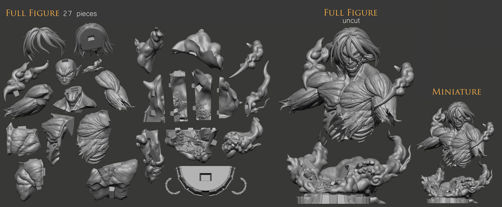 A 3D render preview sheet showing multiple gray sculpted figure parts and a full uncut miniature figure, labeled 'FULL FIGURE 27 pieces', 'FULL FIGURE uncut', and 'MINIATURE' on a dark gray background.