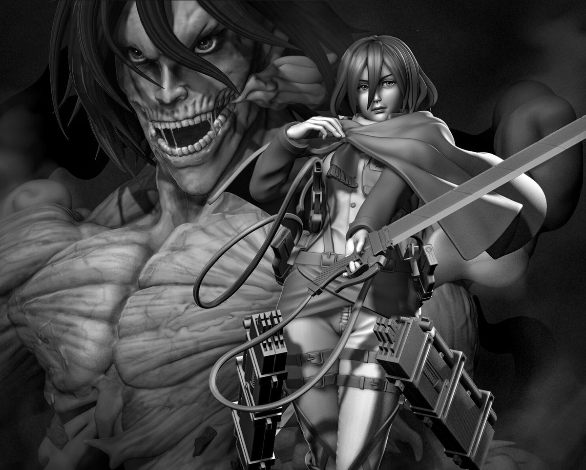 Black and white anime-style artwork featuring a large skeletal monster in the background and a female warrior in front holding a sword, with a blurred rectangular censor block over the center.