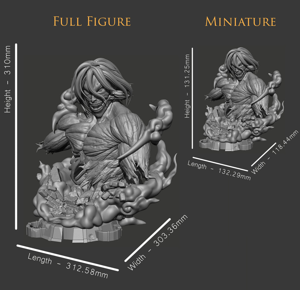 A size comparison graphic showing a gray fantasy character statue labeled 'Full Figure' and a smaller version labeled 'Miniature,' with dimension lines and measurements on a dark gray background.