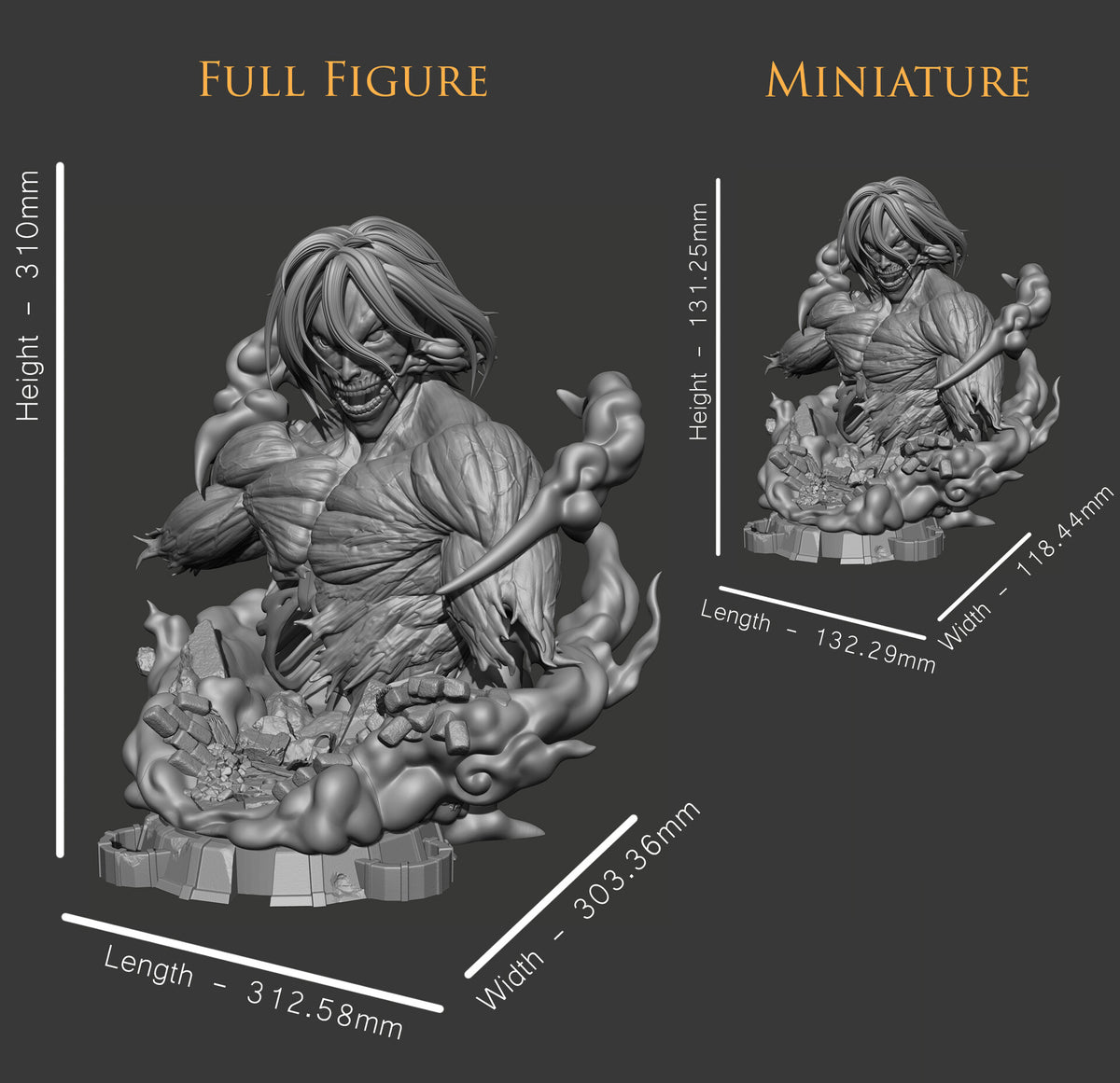A size comparison graphic showing a gray fantasy character statue labeled 'Full Figure' and a smaller version labeled 'Miniature,' with dimension lines and measurements on a dark gray background.